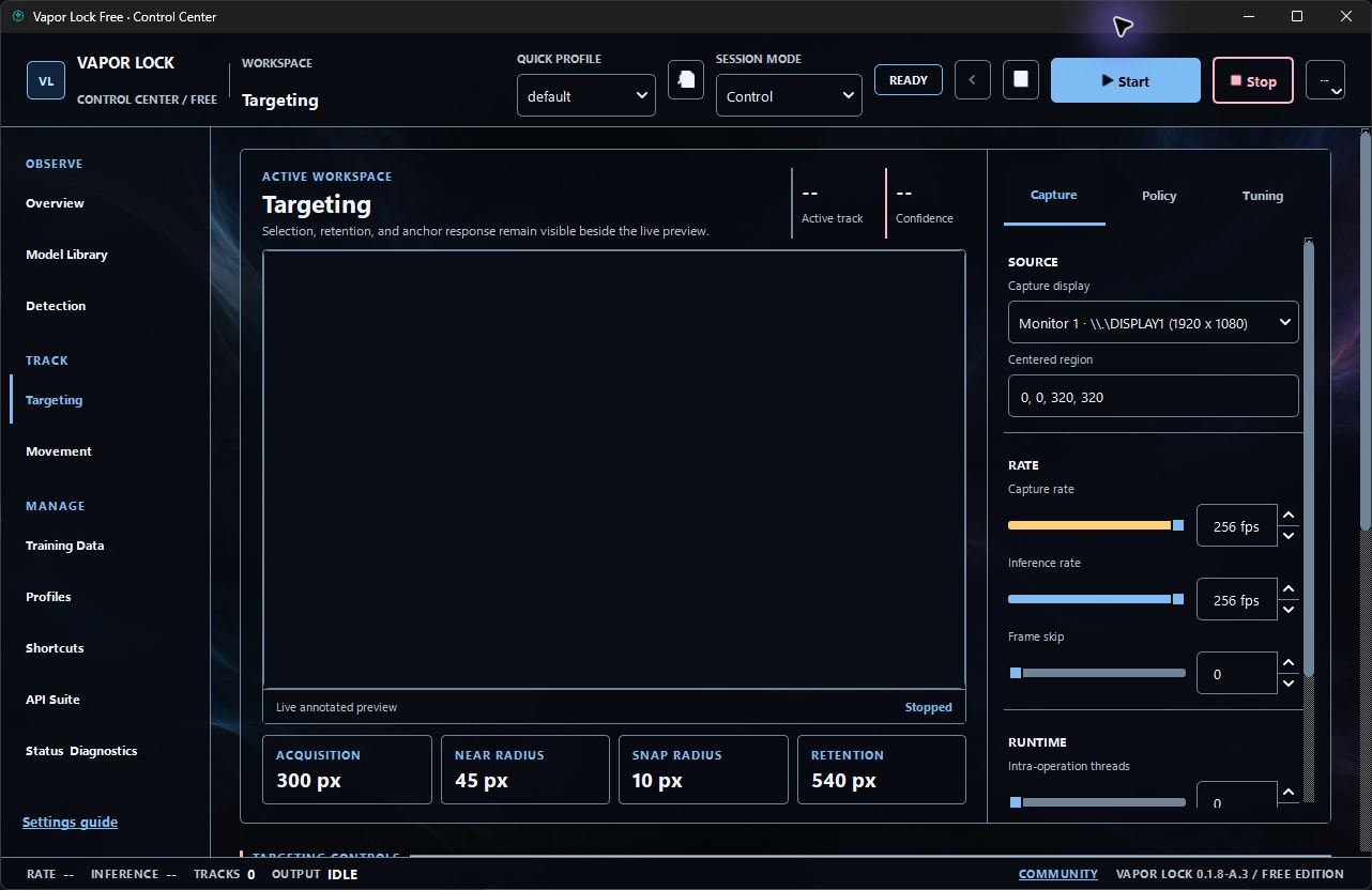 Targeting tab in released Vapor Lock Free 0.1.8-A.3, with the session stopped