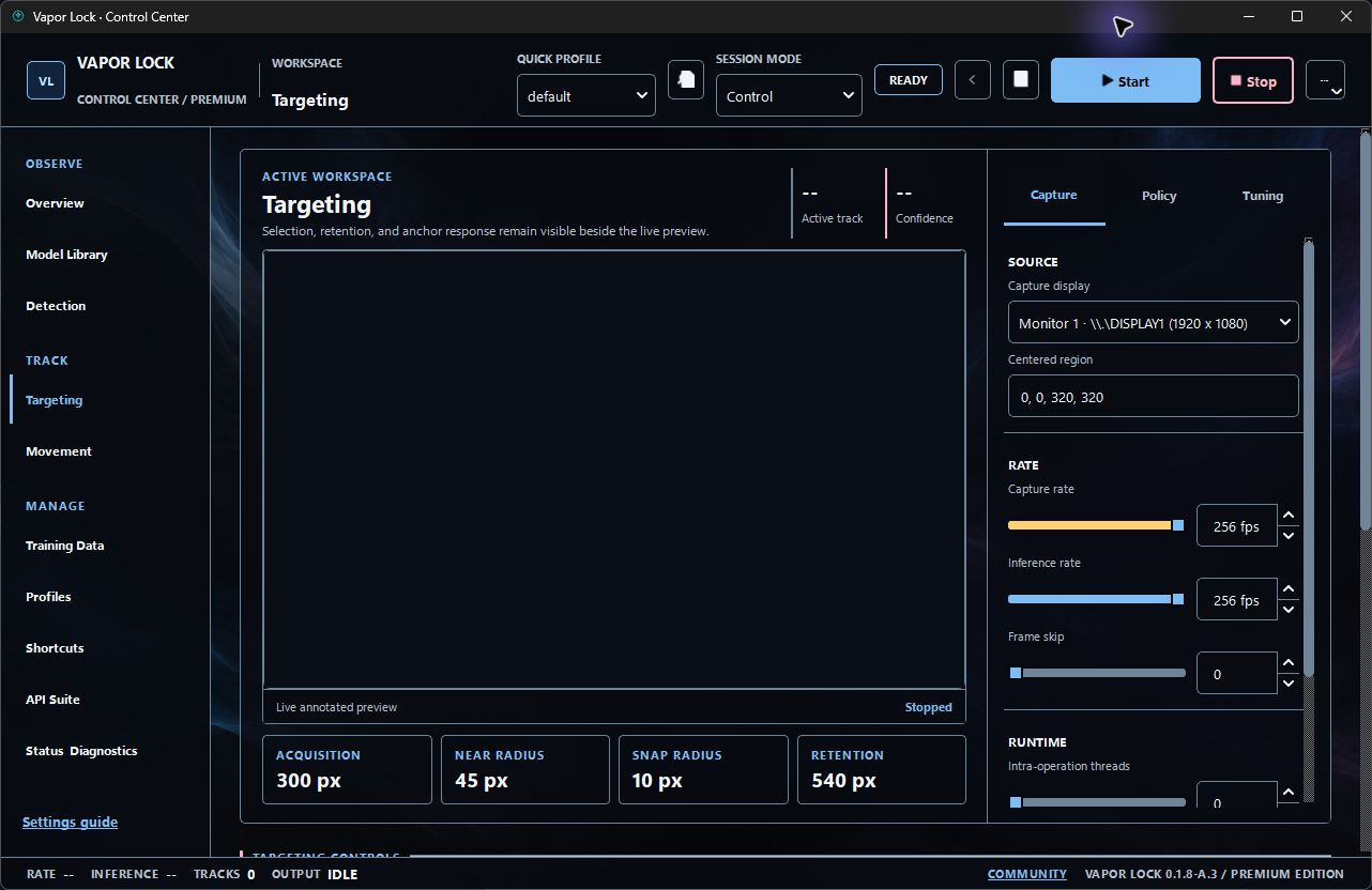 Targeting tab in released Vapor Lock Premium 0.1.8-A.3, with the session stopped